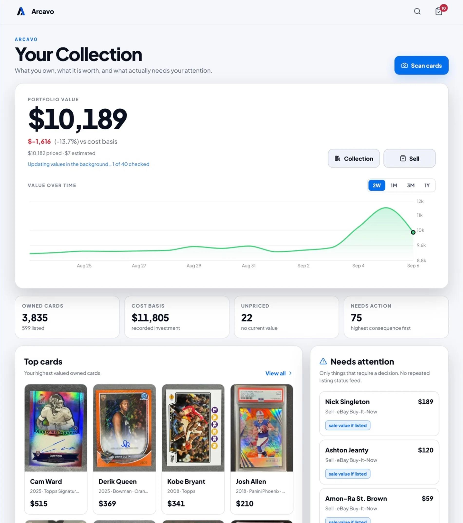 Arcavo on iPad showing the collection dashboard