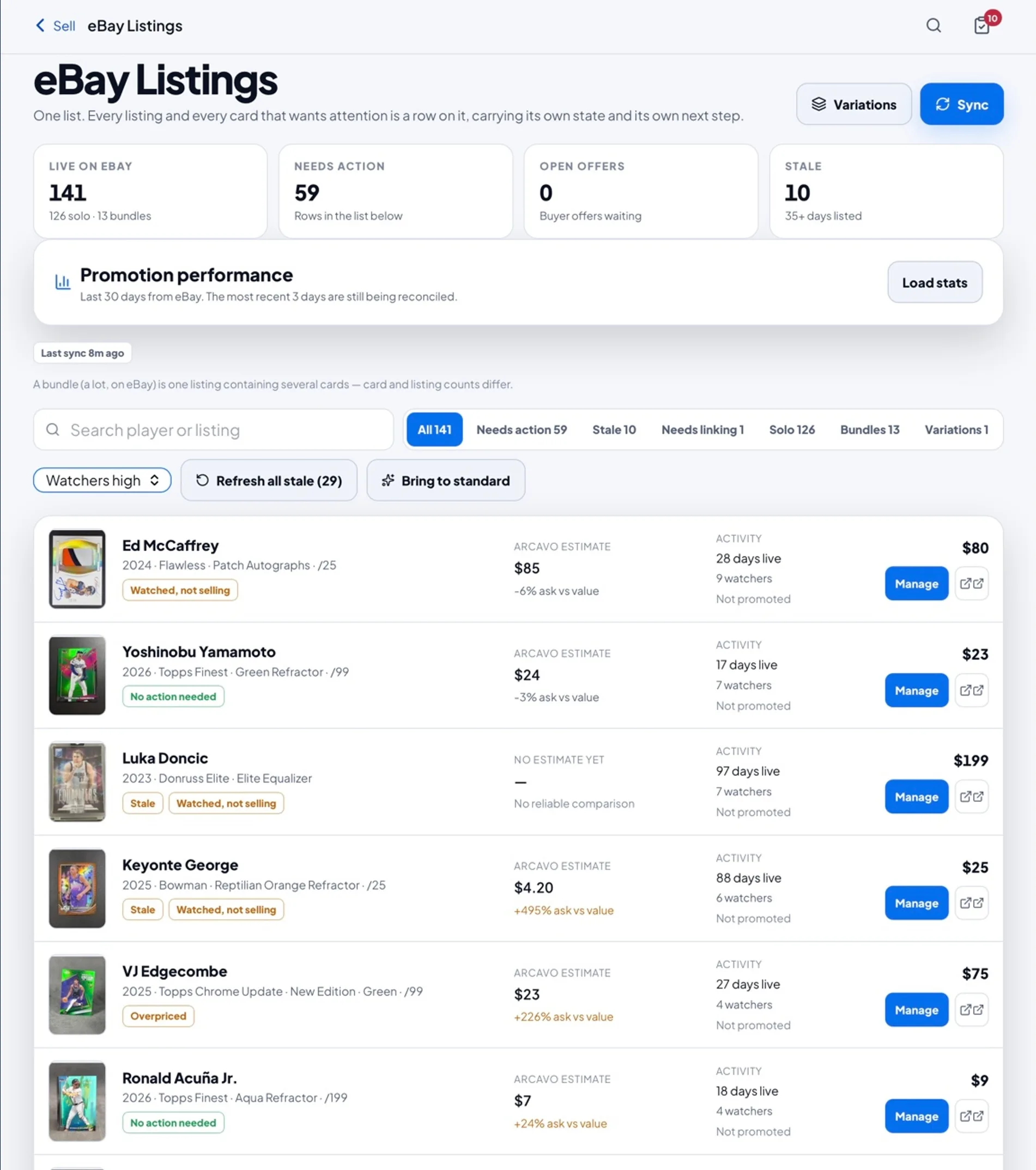 Arcavo on iPad showing the eBay listings workstation