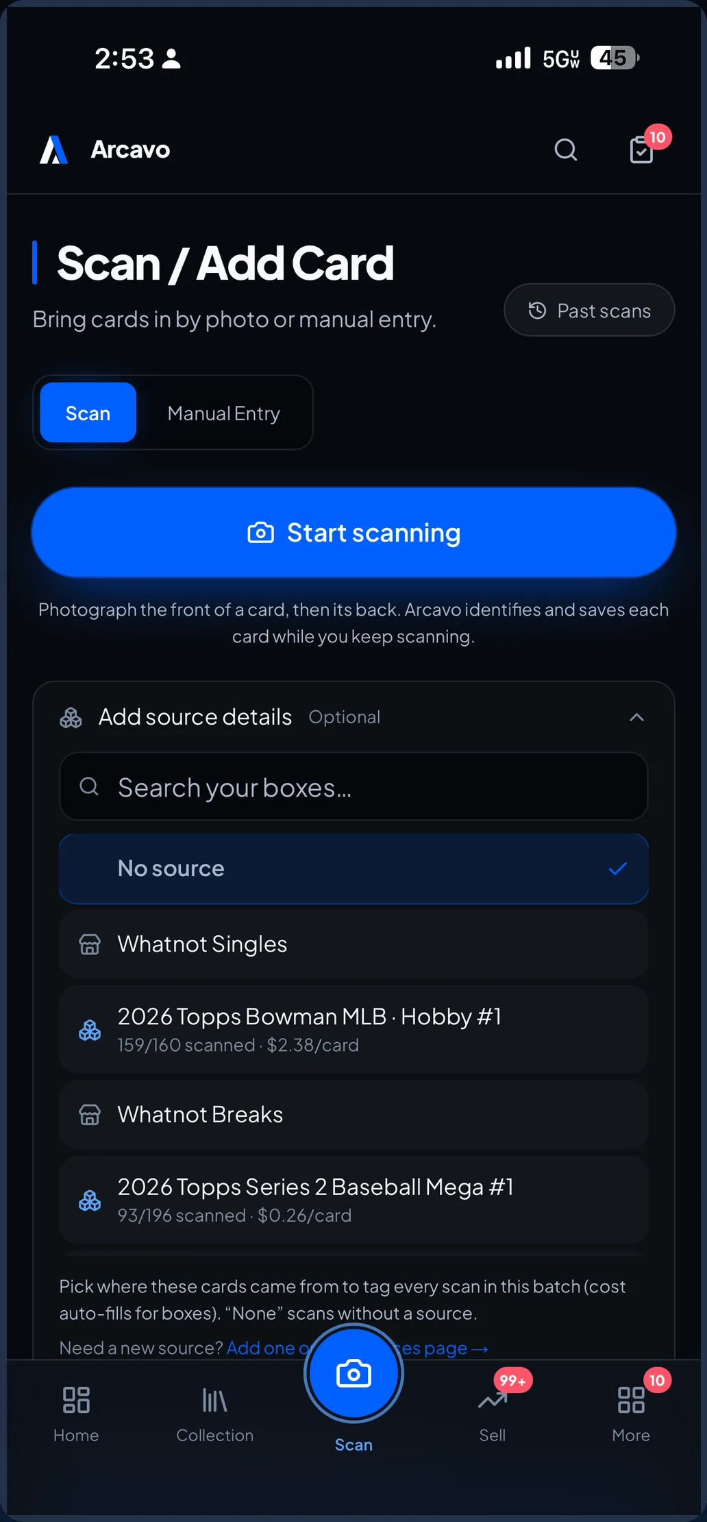 The Arcavo scan screen on iPhone, with source details for a batch